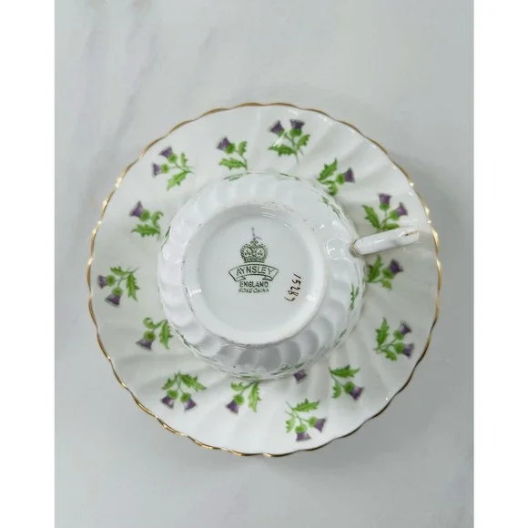 AYNSLEY BONE CHINA TEACUP & SAUCER SET / PURPLE THISTLE / MADE IN ENGLAND - Picture 5 of 10
